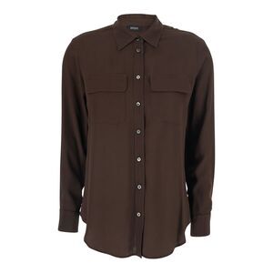 Plain Women Brown Shirt With Applied Pockets On The Front In Silk Blend Woman